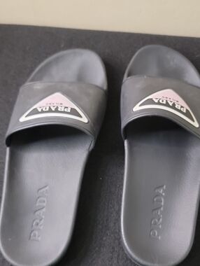 Prada Black Slides with Pink Logo Triangle